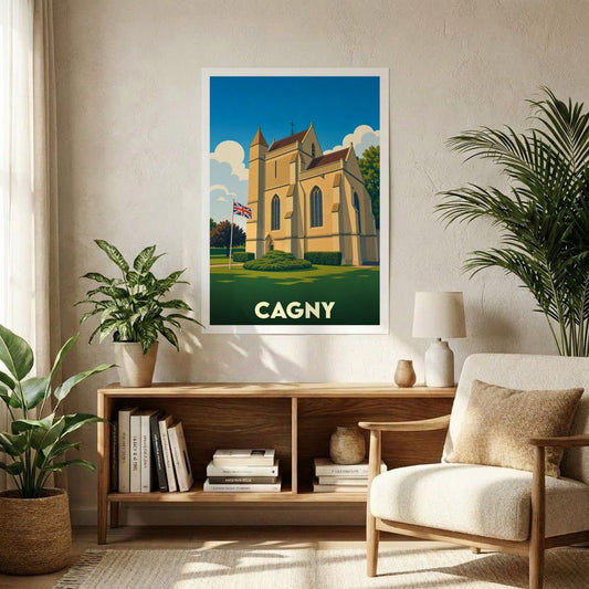 Affiche souvenir de la ville de Cagny représentant son église dans un style graphique épuré.