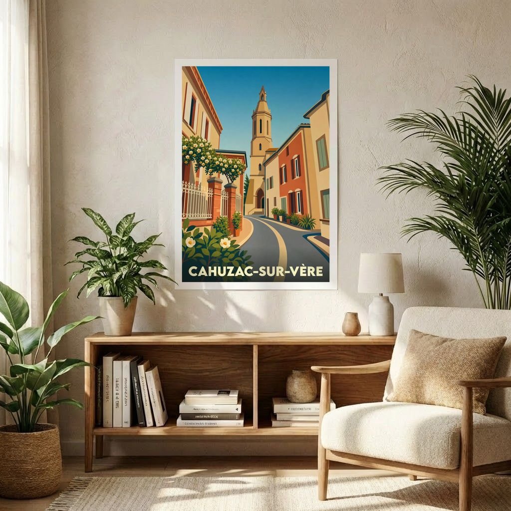Affiche souvenir de la ville de Cahuzac-sur-Vère avec une illustration stylisée d'une rue pittoresque et de son clocher.