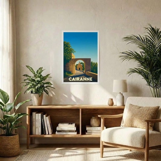 Affiche souvenir de la ville de Cairanne avec une illustration stylisée.