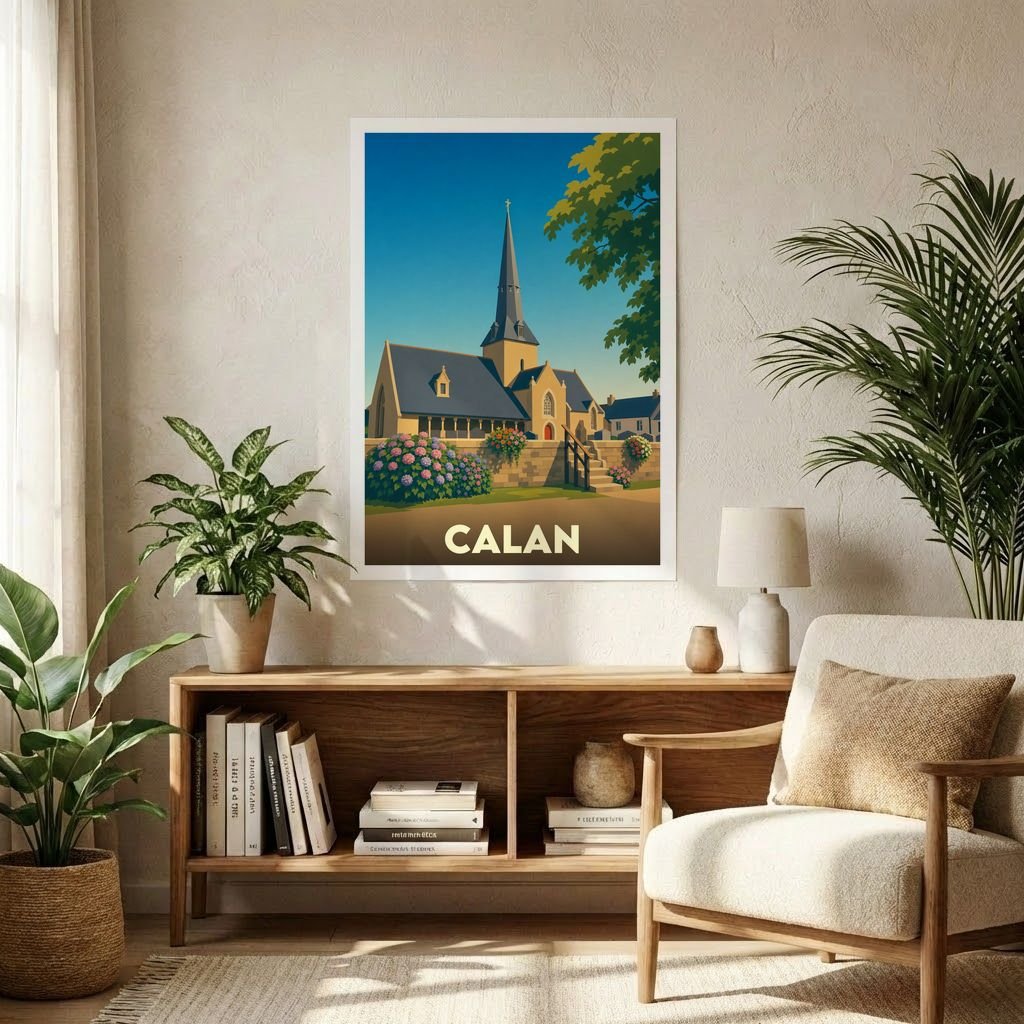 Affiche souvenir de la ville de Calan avec une illustration stylisée de son église et de son paysage.