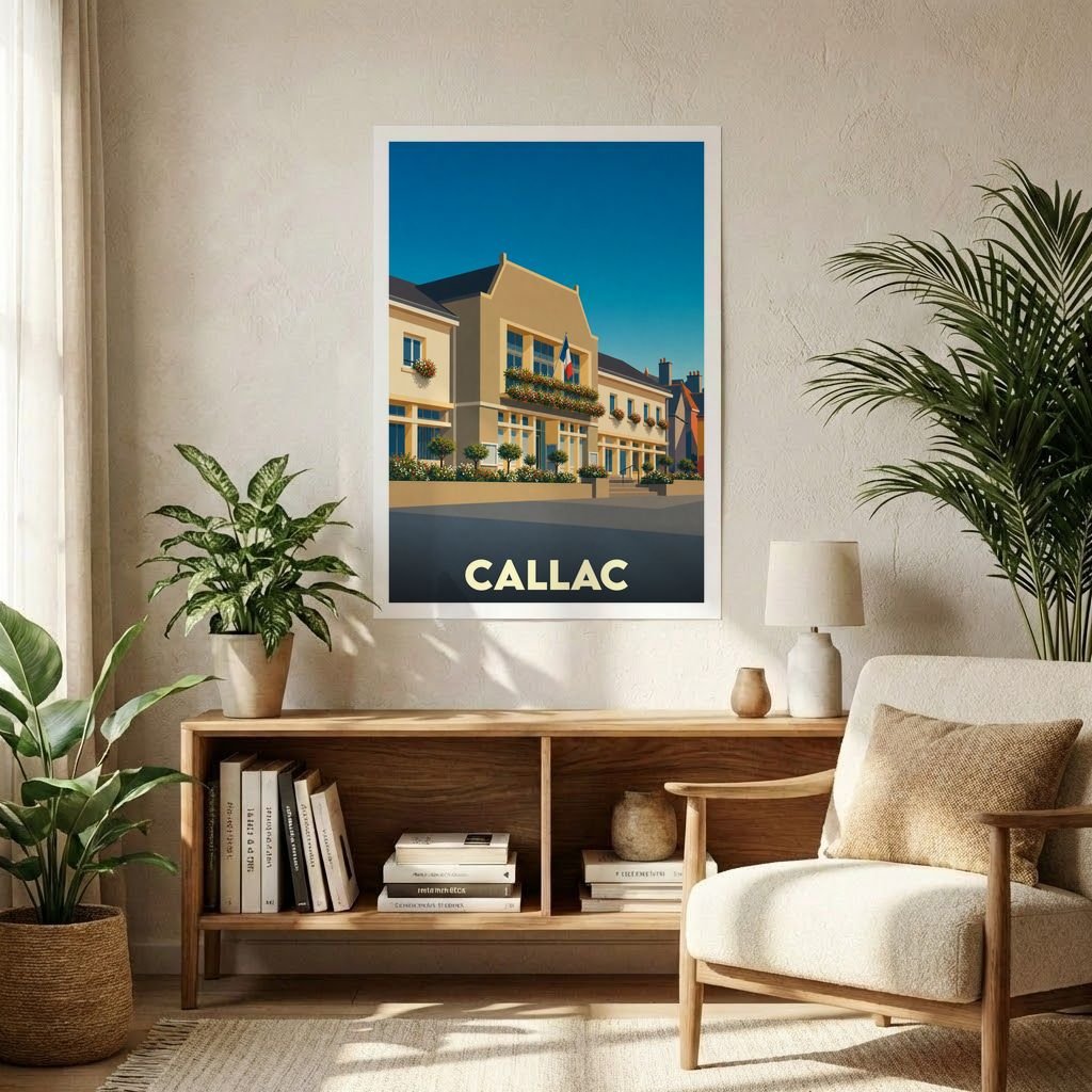 Affiche souvenir de la ville de Callac avec une illustration stylisée d'un bâtiment emblématique sous un ciel bleu.
