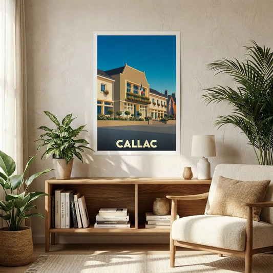 Affiche souvenir de la ville de Callac avec une illustration stylisée d'un bâtiment emblématique sous un ciel bleu.