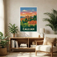 Affiche souvenir de la ville de Callian avec une illustration stylisée du village.