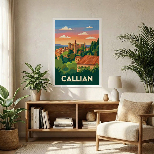 Affiche souvenir de la ville de Callian avec une illustration stylisée du village.