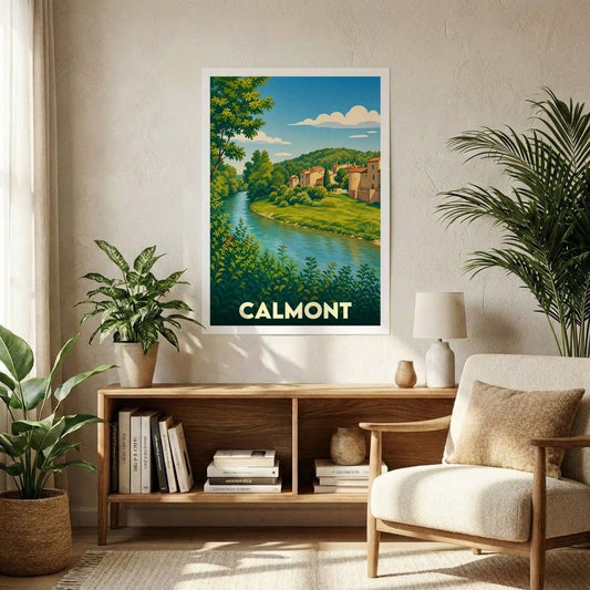 Affiche souvenir de la ville de Calmont avec une illustration stylisée représentant un village au bord de l'eau.