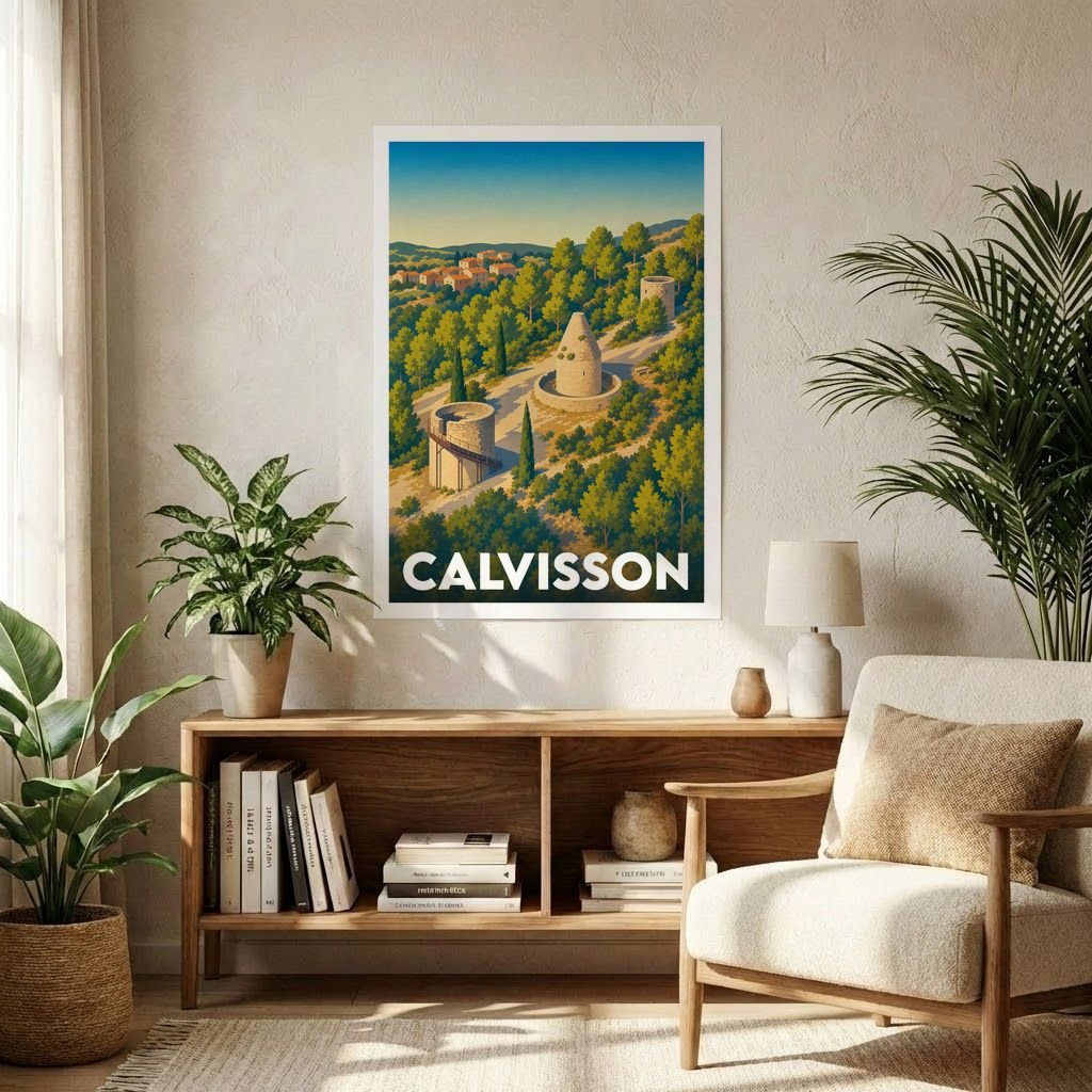 Affiche souvenir de la ville de Calvisson présentant une illustration stylisée de ses paysages et de ses tours emblématiques.