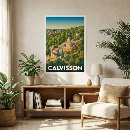 Affiche souvenir de la ville de Calvisson présentant une illustration stylisée de ses paysages et de ses tours emblématiques.