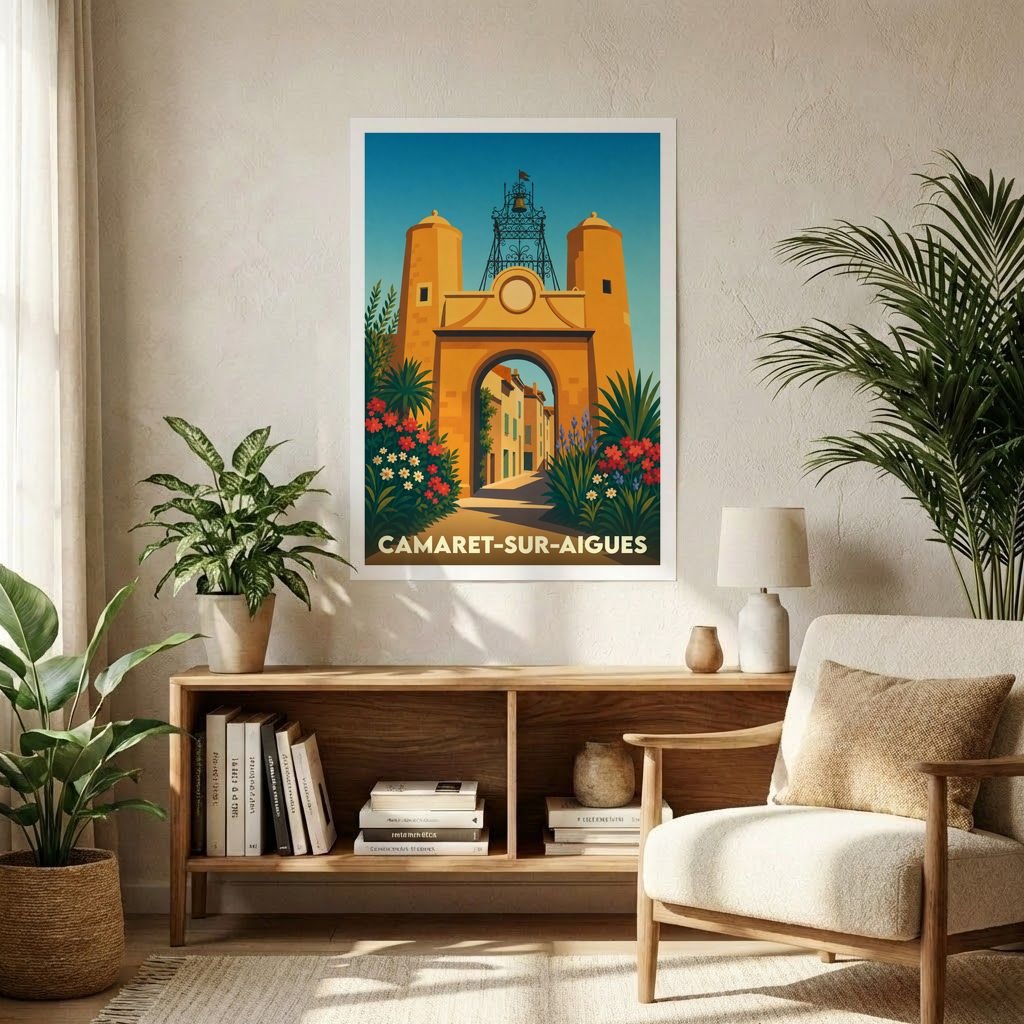 Affiche souvenir de la ville de Camaret-sur-Aigues avec une illustration stylisée de sa porte monumentale et de son beffroi.