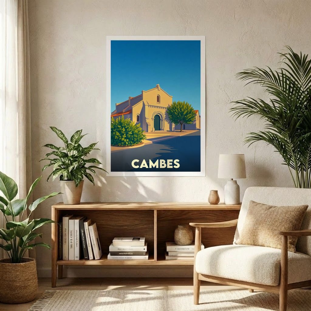 Affiche souvenir de la ville de Cambes avec une illustration stylisée d'une église locale.