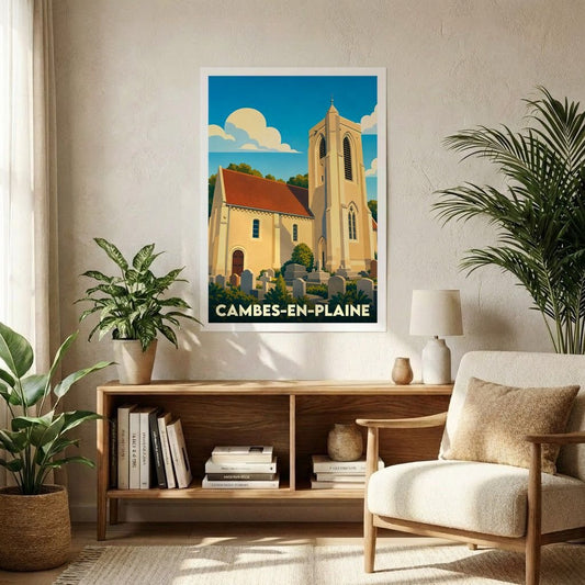 Affiche souvenir de la ville de Cambes-en-Plaine avec une illustration stylisée de son église et de son cimetière.