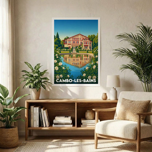 Affiche souvenir de la ville de Cambo-les-Bains avec une illustration stylisée de la Villa Arnaga se reflétant dans l'eau.