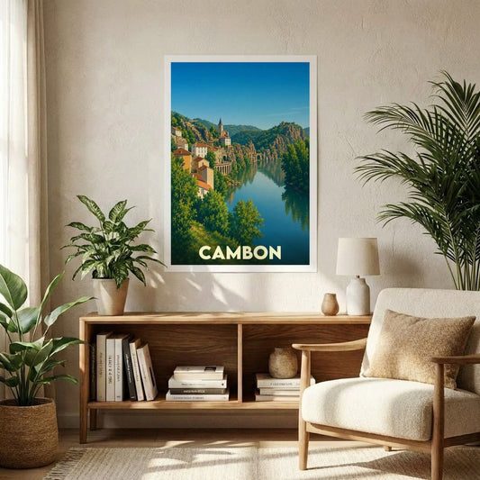 Affiche souvenir de la ville de Cambon avec une illustration stylisée d'un paysage fluvial.