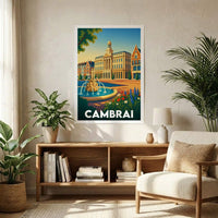 Affiche souvenir de la ville de Cambrai avec une illustration stylisée.