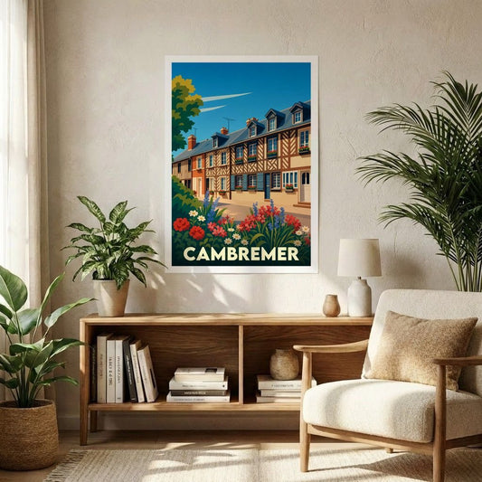 Affiche souvenir de la ville de Cambremer avec une illustration stylisée de maisons à colombages et de fleurs.