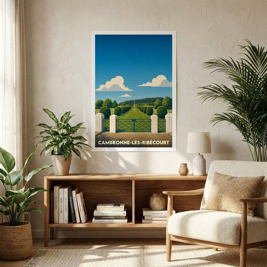Affiche souvenir de la ville de Cambronne-lès-Ribécourt avec une illustration stylisée d'un paysage de parc.