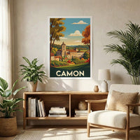 Affiche souvenir de la ville de Camon avec une illustration stylisée de son paysage historique.
