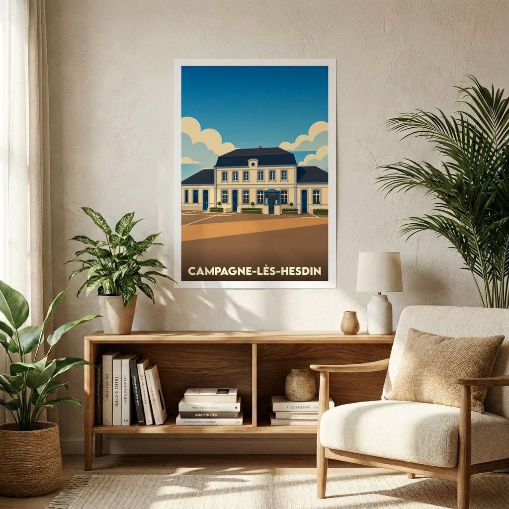 Affiche souvenir de la ville de Campagne-lès-Hesdin avec une illustration stylisée de sa mairie.