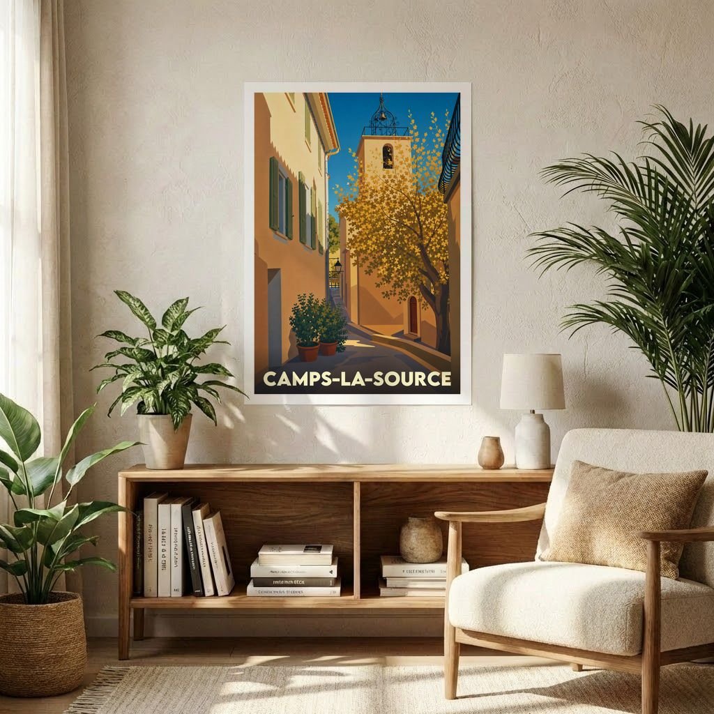 Affiche souvenir de la ville de Camps-la-Source avec une illustration stylisée d'une ruelle provençale.