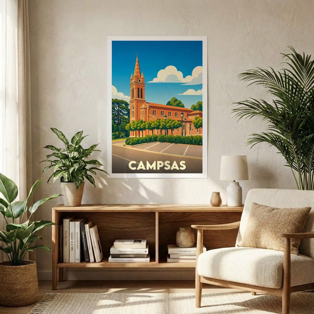 Affiche souvenir de la ville de Campsas illustrant son église dans un style vintage coloré.