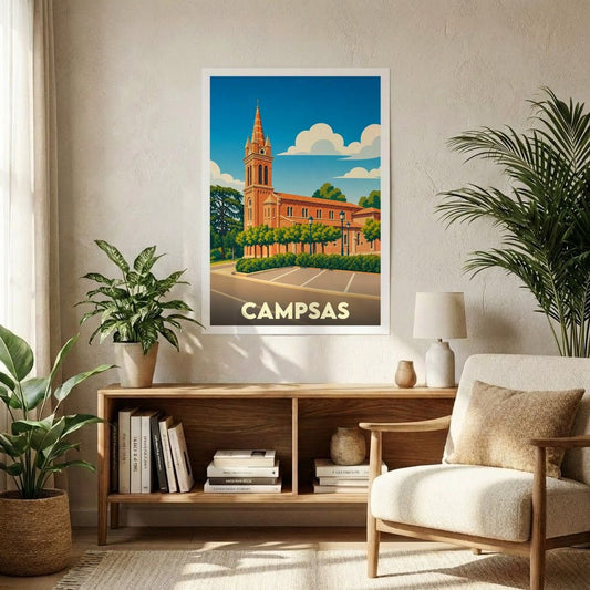 Affiche souvenir de la ville de Campsas illustrant son église dans un style vintage coloré.