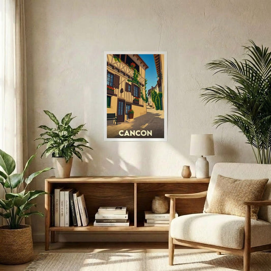 Affiche souvenir de la ville de Cancon avec une illustration stylisée d'une ruelle pittoresque.
