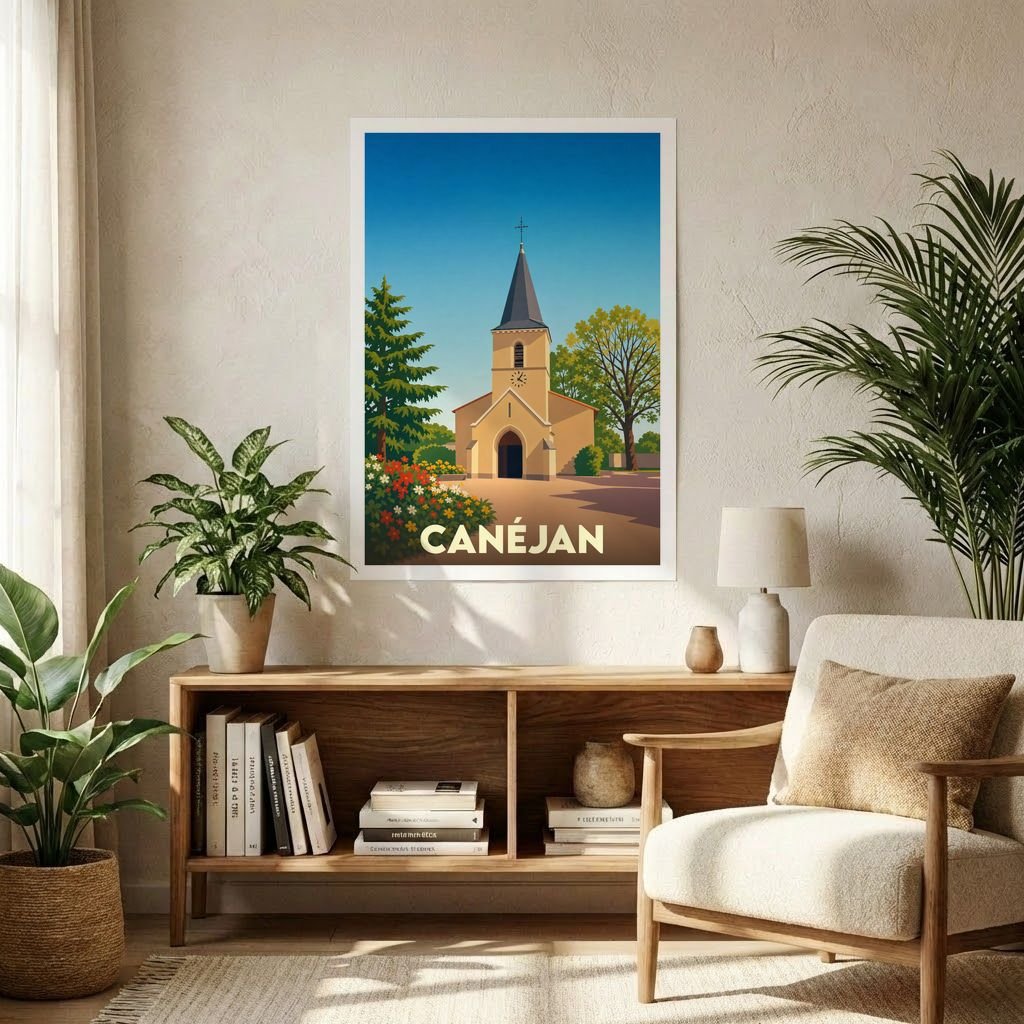 Affiche souvenir de la ville de Canéjan avec une illustration stylisée de son église sous un ciel bleu.