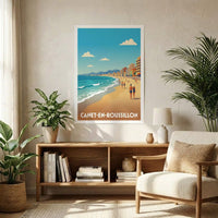 Affiche souvenir de la ville de Canet-en-Roussillon avec une illustration stylisée de son bord de mer.