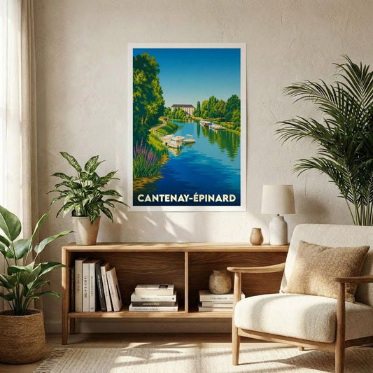 Affiche souvenir de la ville de Cantenay-Épinard avec une illustration stylisée d'un paysage fluvial.