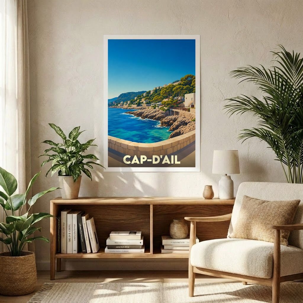 Affiche souvenir de la ville de Cap-d'Ail avec une illustration stylisée du littoral méditerranéen.