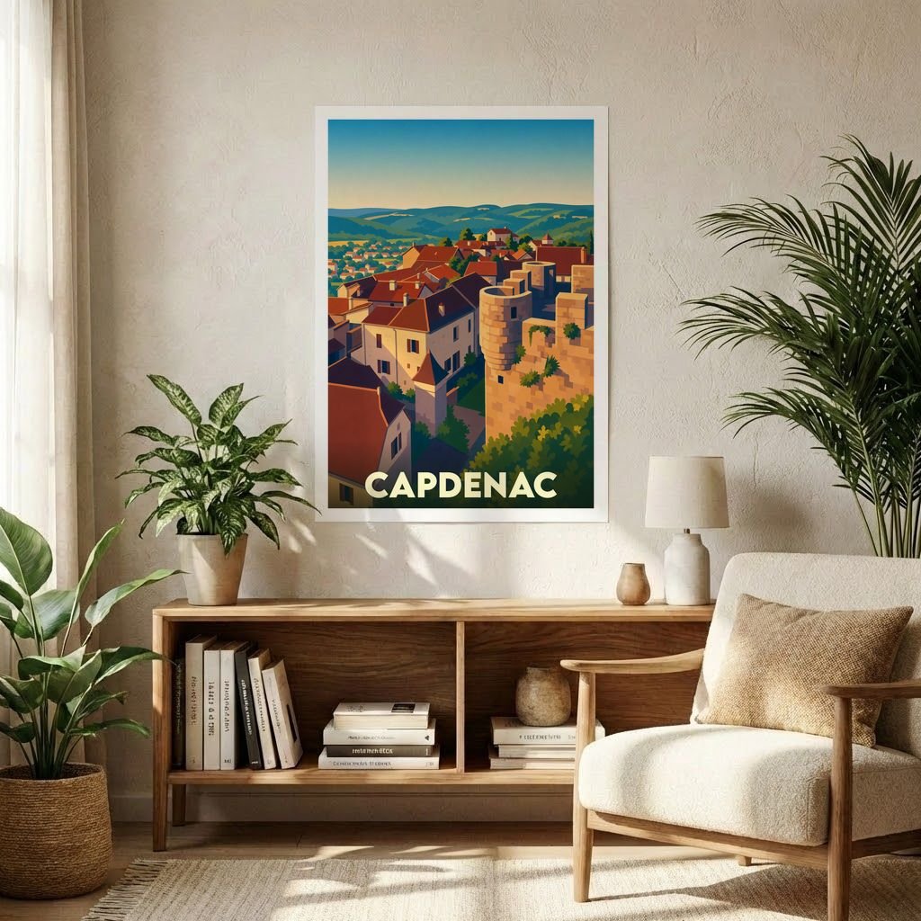 Affiche souvenir de la ville de Capdenac avec une illustration stylisée d'un village médiéval perché.