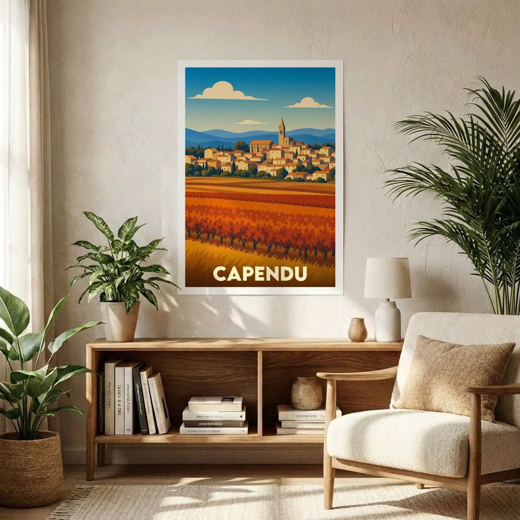 Affiche souvenir de la ville de Capendu représentant un paysage illustré de vignobles et de village.