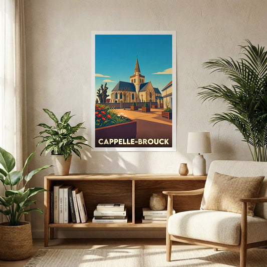 Affiche souvenir de la ville de Cappelle-Brouck avec une illustration stylisée d'une église sous un ciel azur.