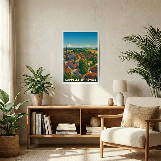 Affiche souvenir de la ville de Cappelle-en-Pévèle avec une illustration stylisée.