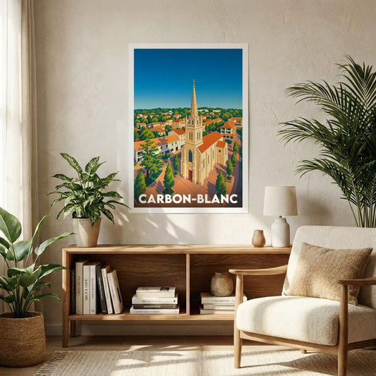 Affiche souvenir de la ville de Carbon-Blanc avec une illustration stylisée de son église et de son paysage urbain.
