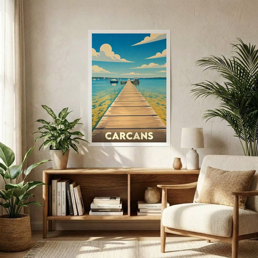 Affiche souvenir de la ville de Carcans représentant un ponton au bord d'un lac dans un style illustré.