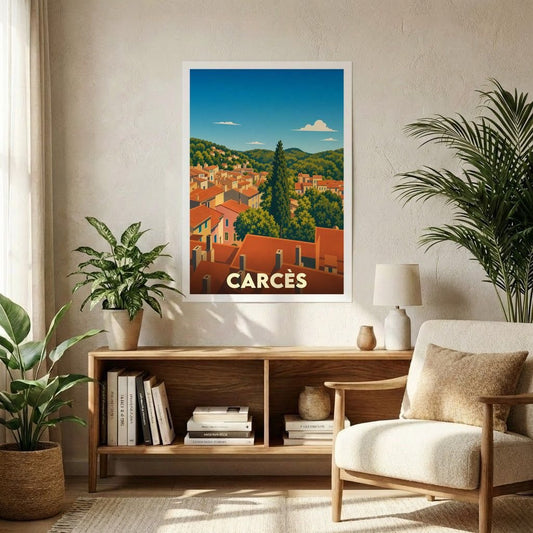 Affiche souvenir de la ville de Carcès avec une illustration stylisée de ses toits provençaux.