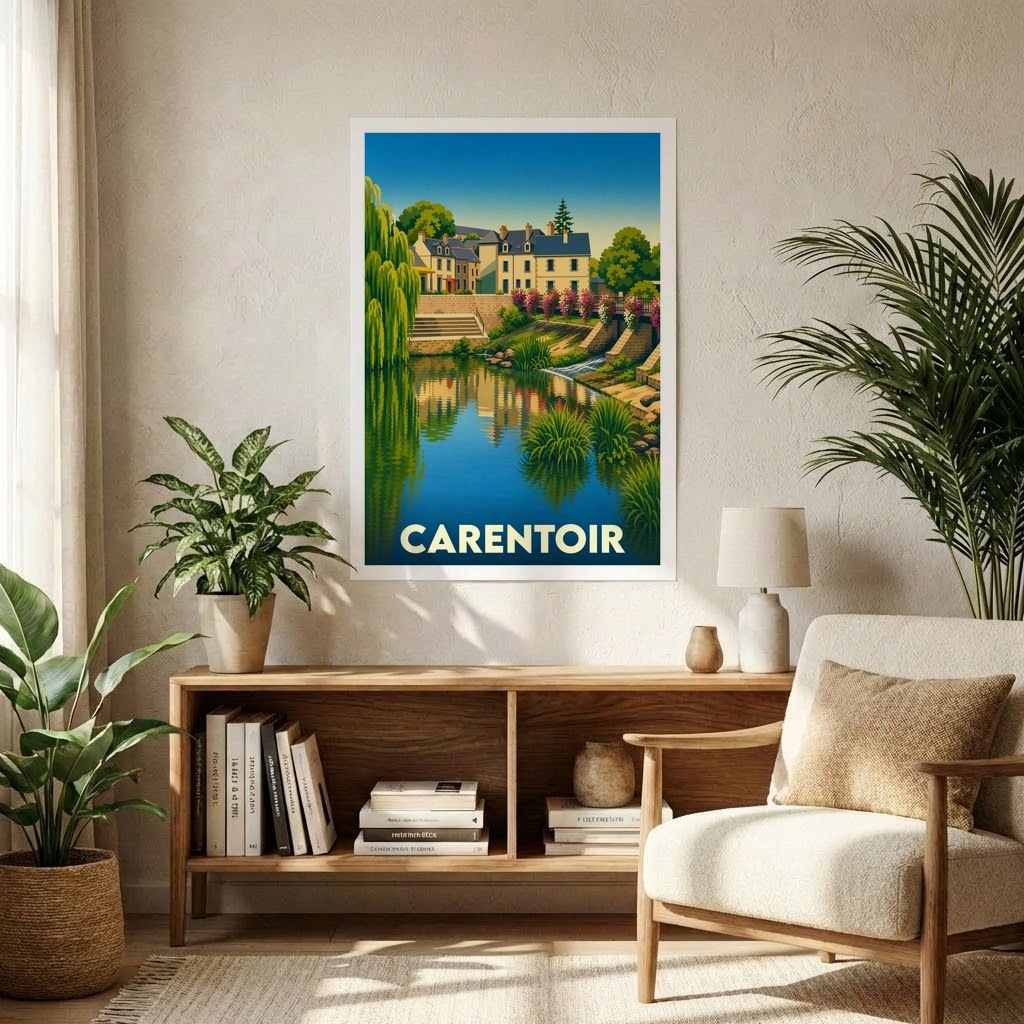Affiche souvenir de la ville de Carentoir avec une illustration stylisée d'un paysage au bord de l'eau.