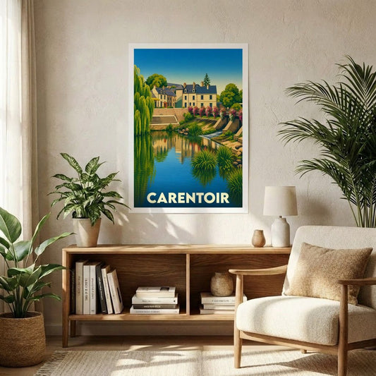 Affiche souvenir de la ville de Carentoir avec une illustration stylisée d'un paysage au bord de l'eau.