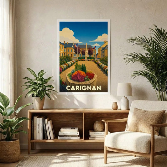 Affiche souvenir de la ville de Carignan avec une illustration stylisée d'une place fleurie.