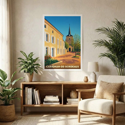 Affiche souvenir de la ville de Carignan-de-Bordeaux avec une illustration stylisée.