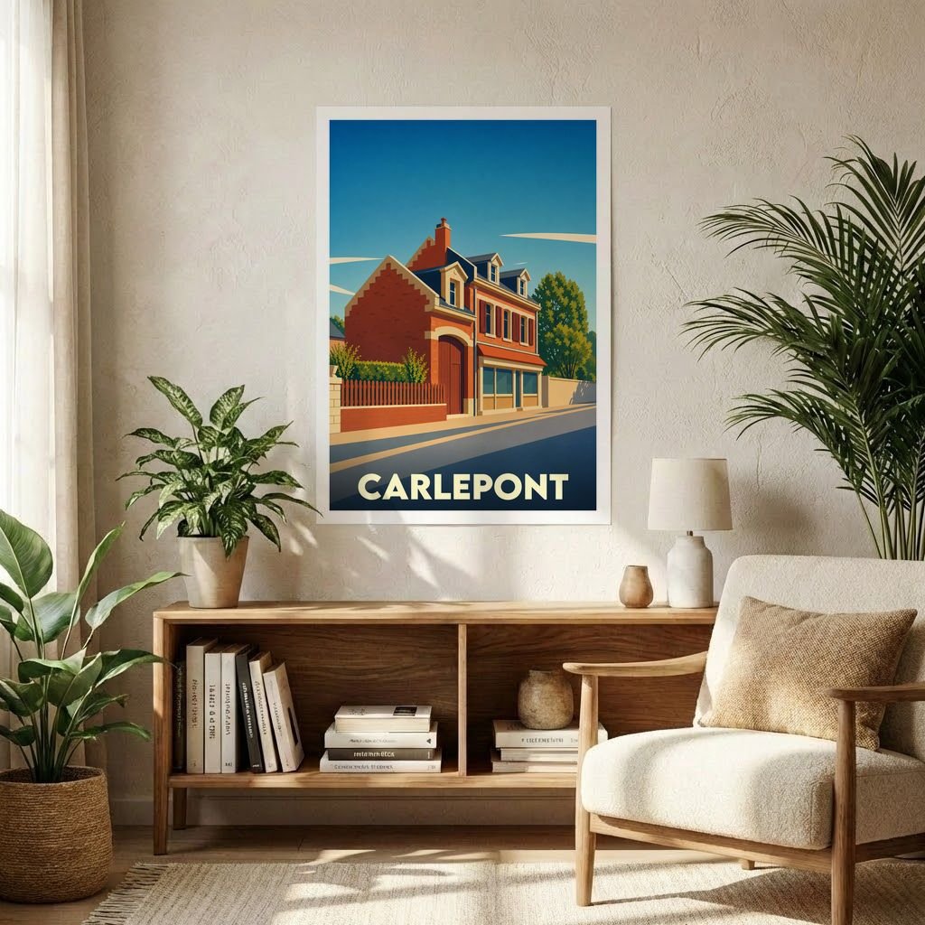 Affiche souvenir de la ville de Carlepont avec une illustration stylisée d'un bâtiment en briques sous un ciel bleu.