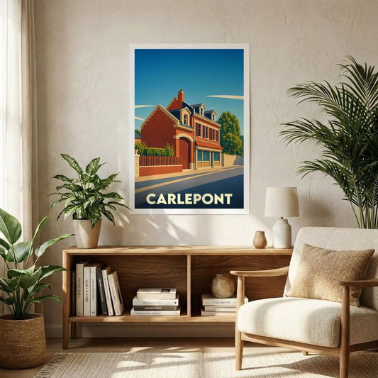 Affiche souvenir de la ville de Carlepont avec une illustration stylisée d'un bâtiment en briques sous un ciel bleu.