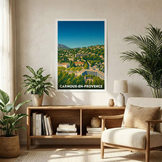 Affiche souvenir de la ville de Carnoux-en-Provence avec une illustration paysagère stylisée.