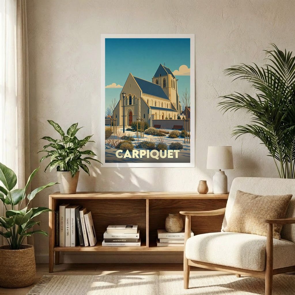 Affiche souvenir de la ville de Carpiquet avec une illustration stylisée d'une église sous la neige.