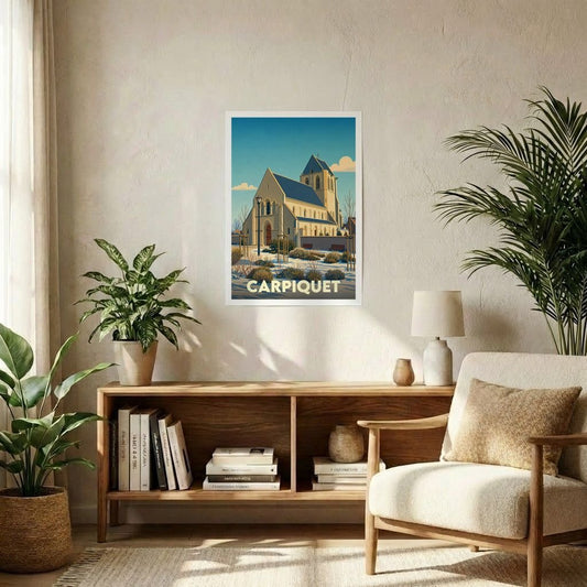 Affiche souvenir de la ville de Carpiquet avec une illustration stylisée de son église sous la neige.