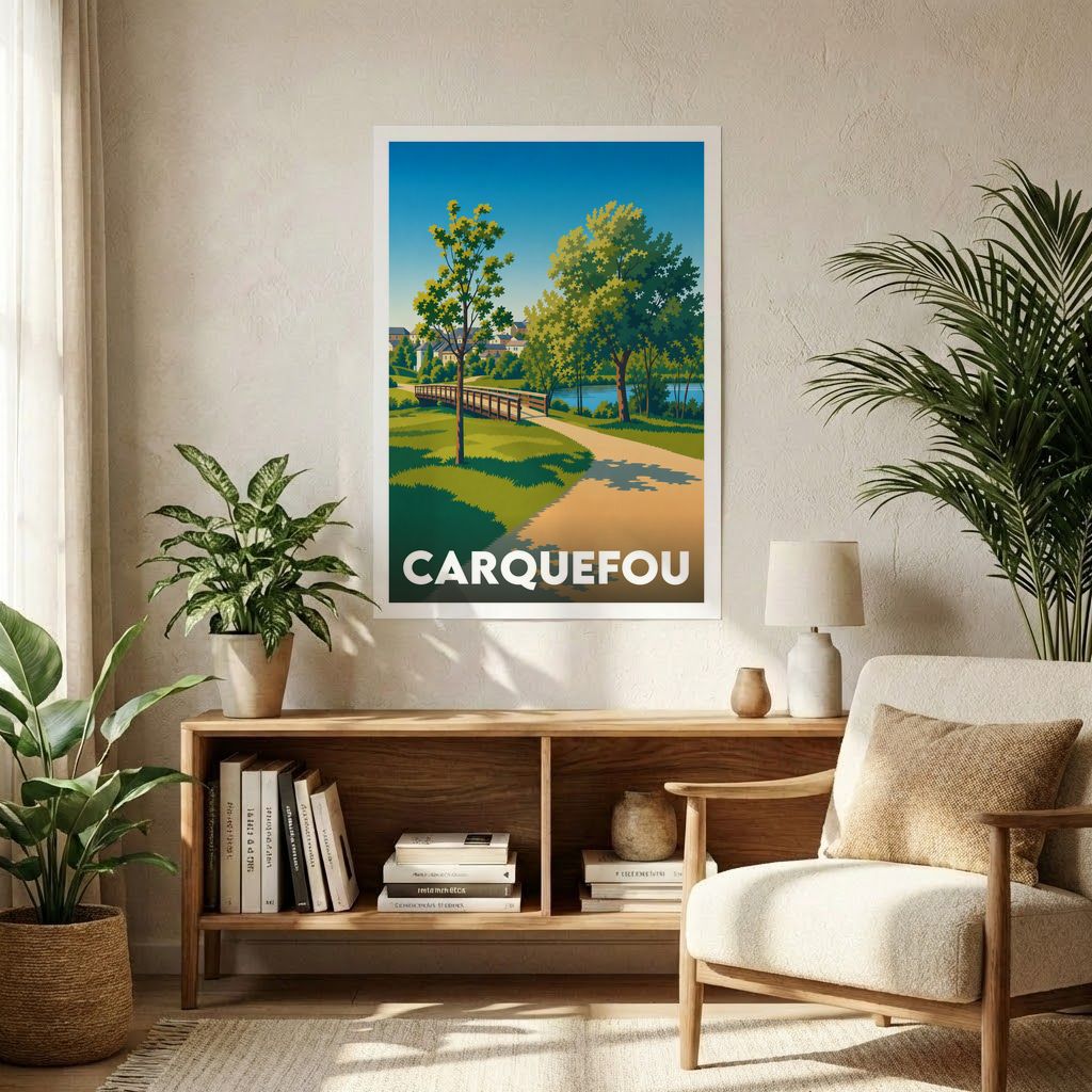 Affiche souvenir de la ville de Carquefou avec une illustration stylisée d'un paysage de parc.
