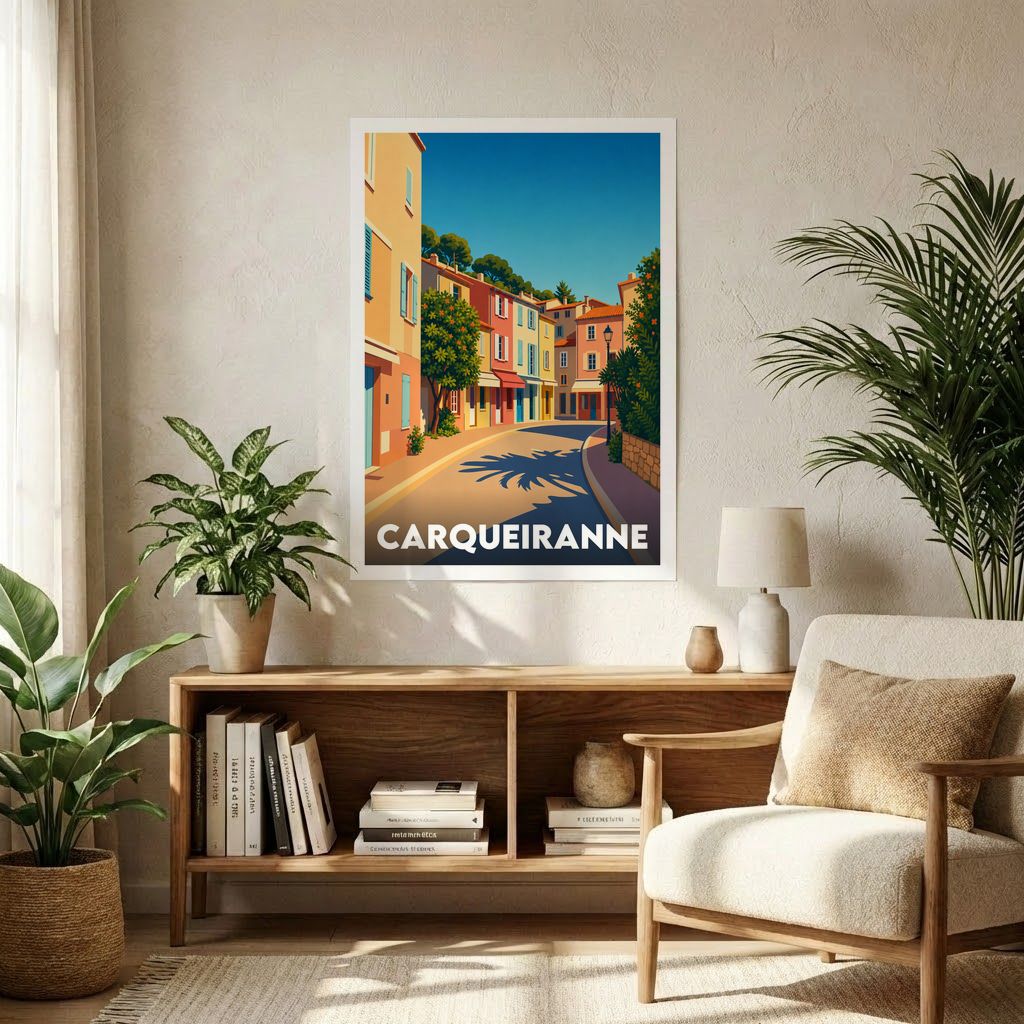 Affiche souvenir de la ville de Carqueiranne avec une illustration stylisée d'une rue ensoleillée aux façades colorées.