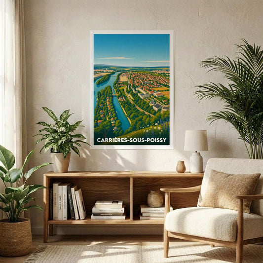 Affiche souvenir de la ville de Carrières-sous-Poissy avec une illustration stylisée de son paysage.