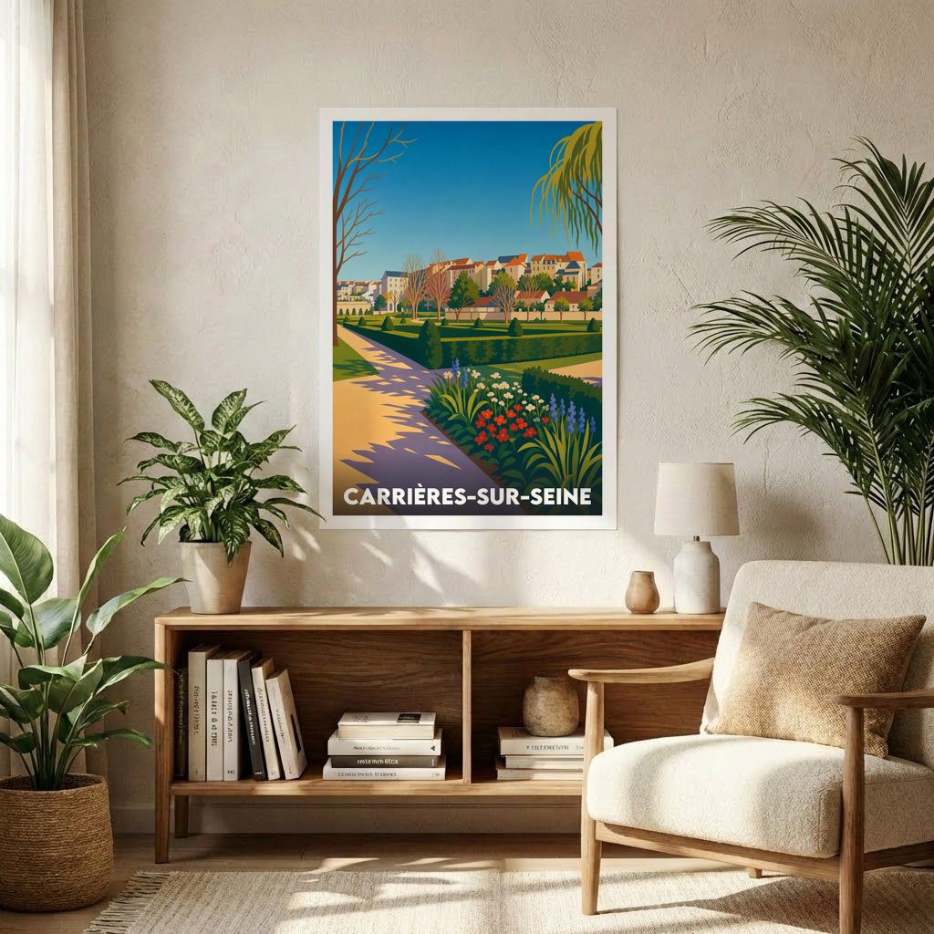 Affiche souvenir de la ville de Carrières-sur-Seine avec une illustration stylisée.