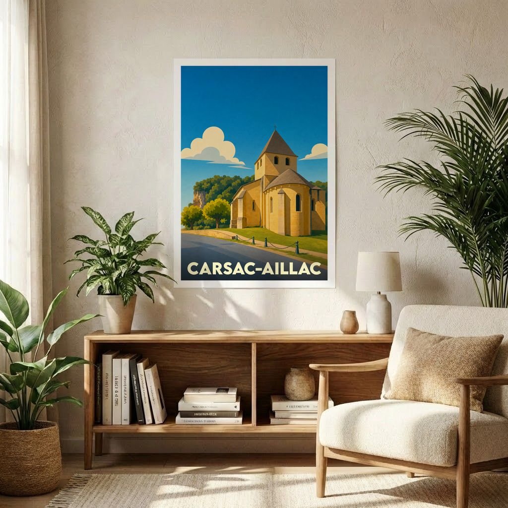 Affiche souvenir de la ville de Carsac-Aillac avec une illustration stylisée de son église romane sous un ciel bleu.